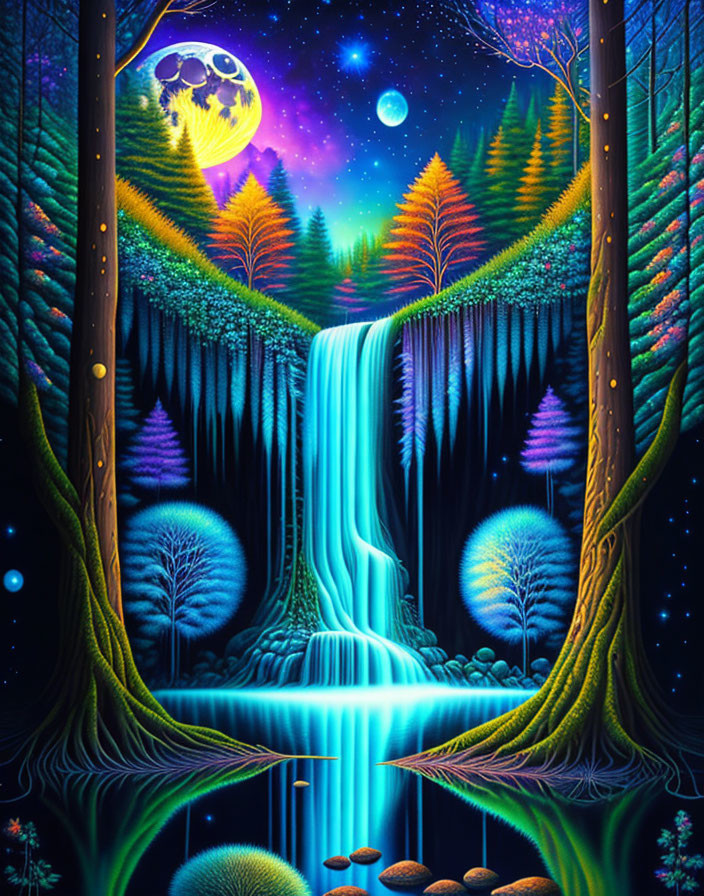 Colorful fantasy landscape with luminous waterfall, starry sky, and full moon