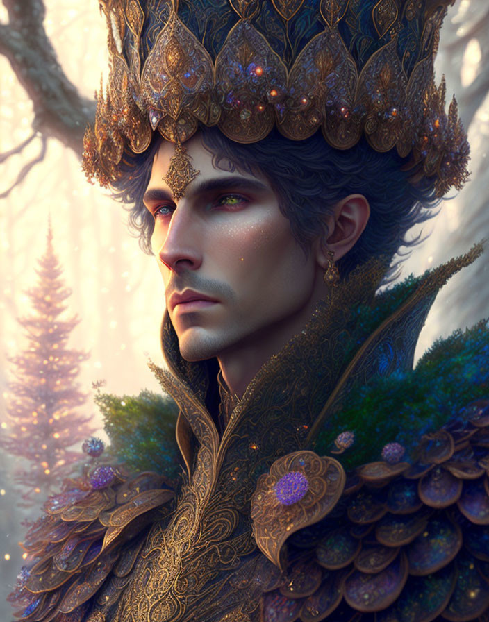 Majestic fantasy character with crown and intricate feather-like shoulder armor in ethereal forest setting