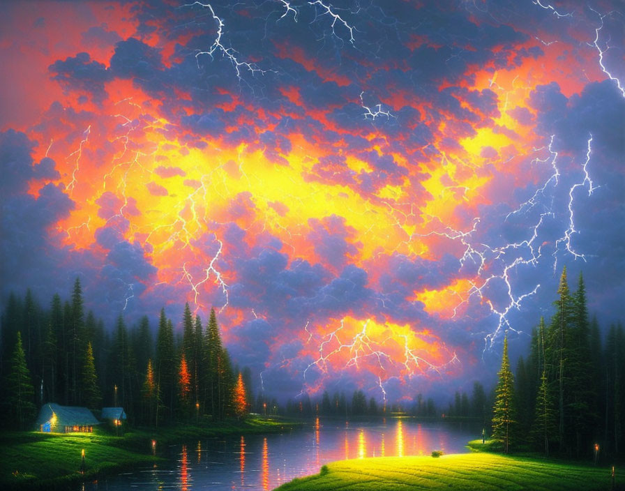 Dramatic thunderstorm over serene lake with lit cottage