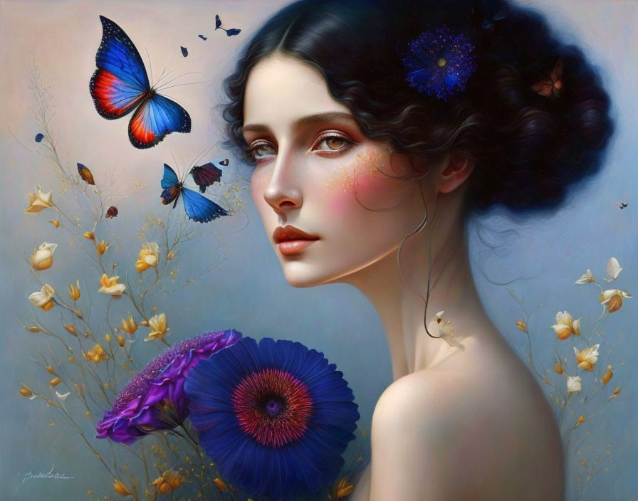 Dark-haired woman with floral hair, butterfly, and surreal nature elements.