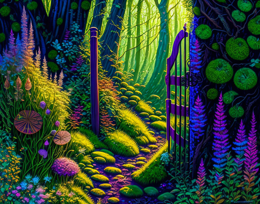 Colorful flora and gate in mystical forest light