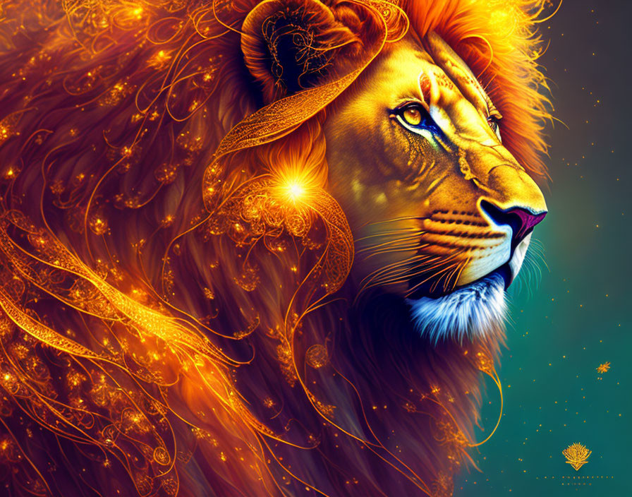 Digital art: Lion with fiery, glowing mane and golden patterns on dark background