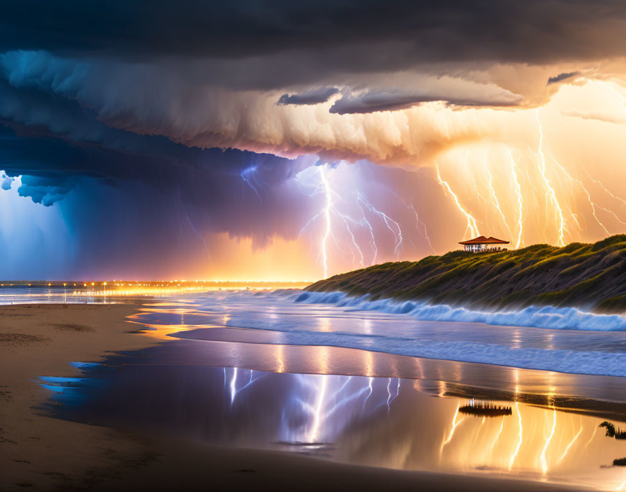 Intense thunderstorm over beach with lightning strikes