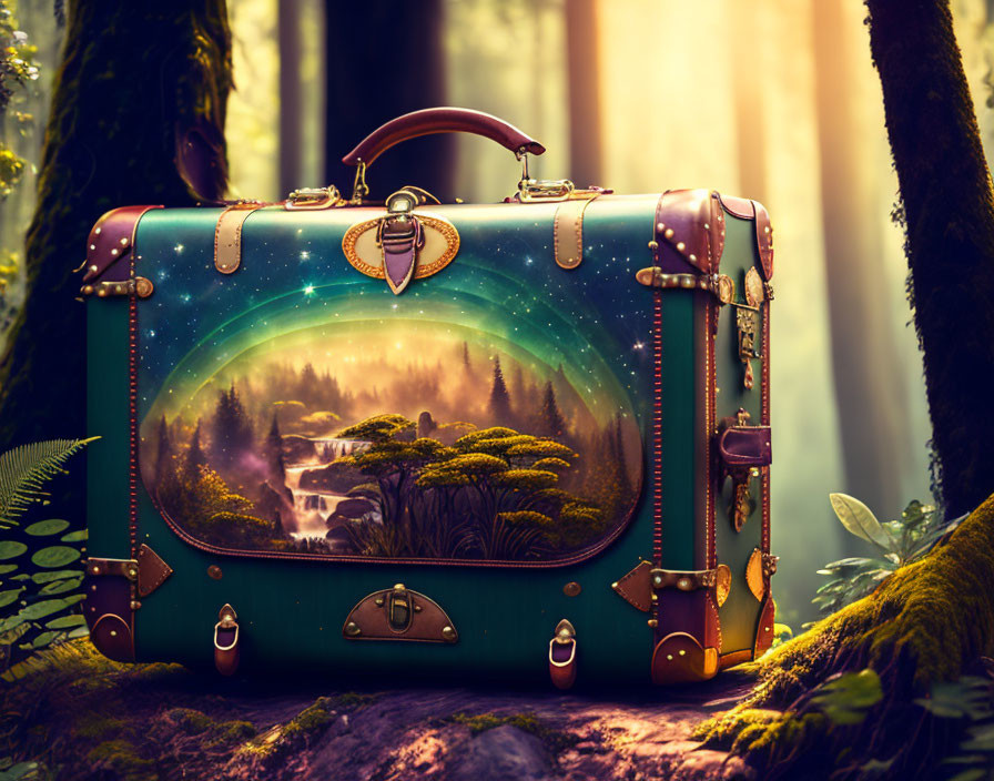 Vintage-style Cosmic Design Suitcase in Mystical Forest