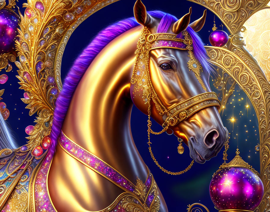 Majestic golden-brown horse with purple and gold tack in ornate frame