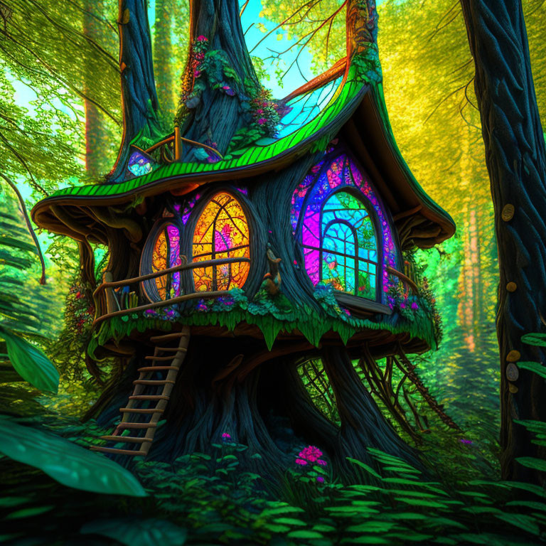 Whimsical treehouse with vibrant stained glass windows in enchanted forest