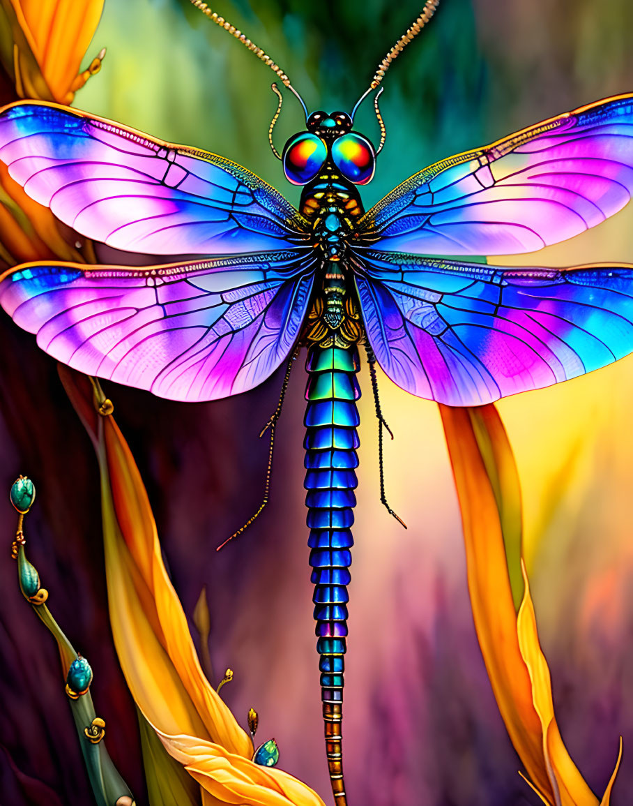 Colorful Dragonfly Artwork with Iridescent Wings on Flower