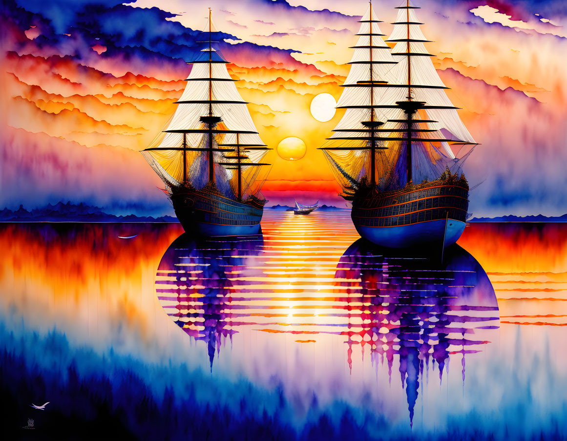 Tall ships sailing on vibrant sunset sea