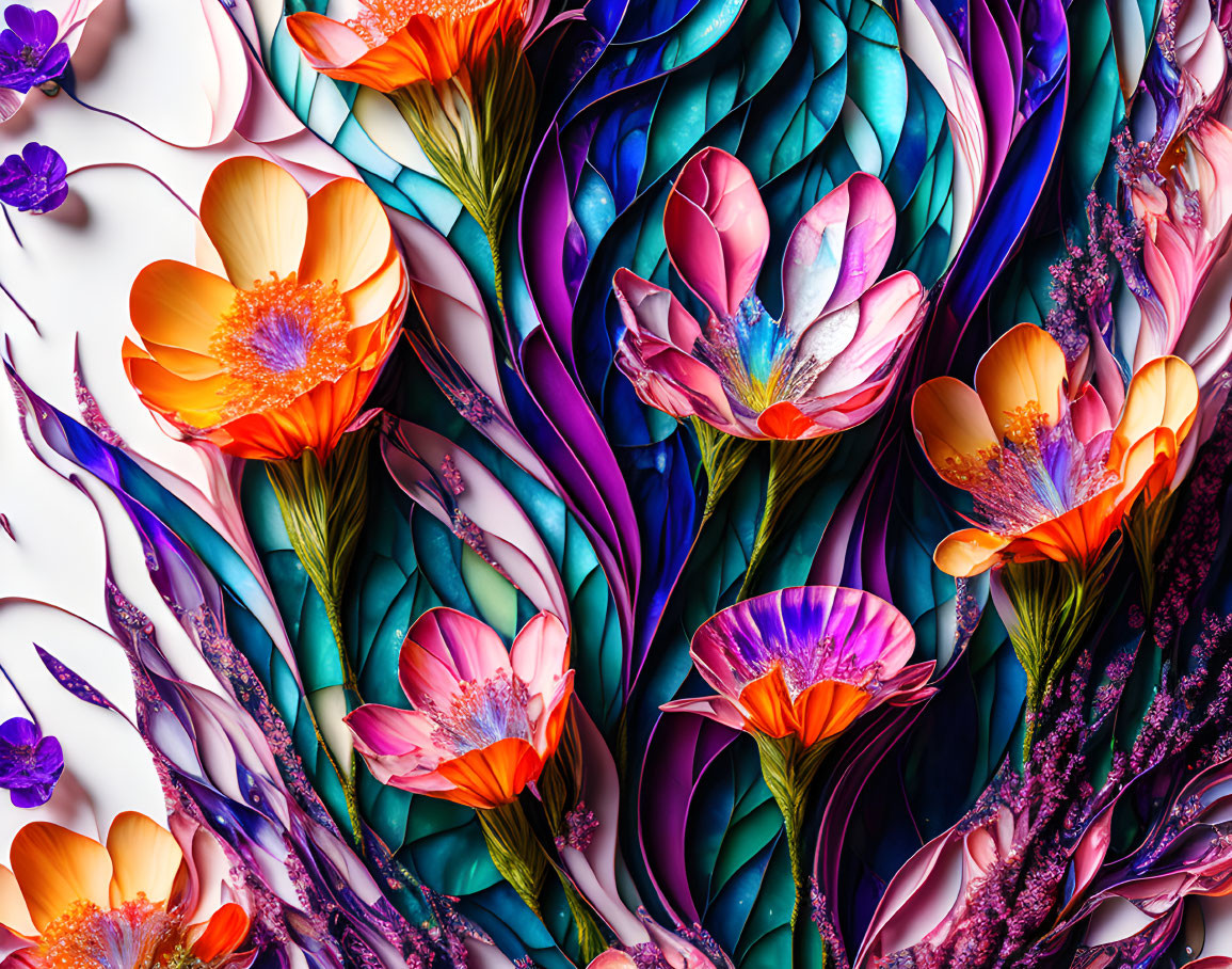 Colorful Stylized Flower and Leaf Digital Artwork