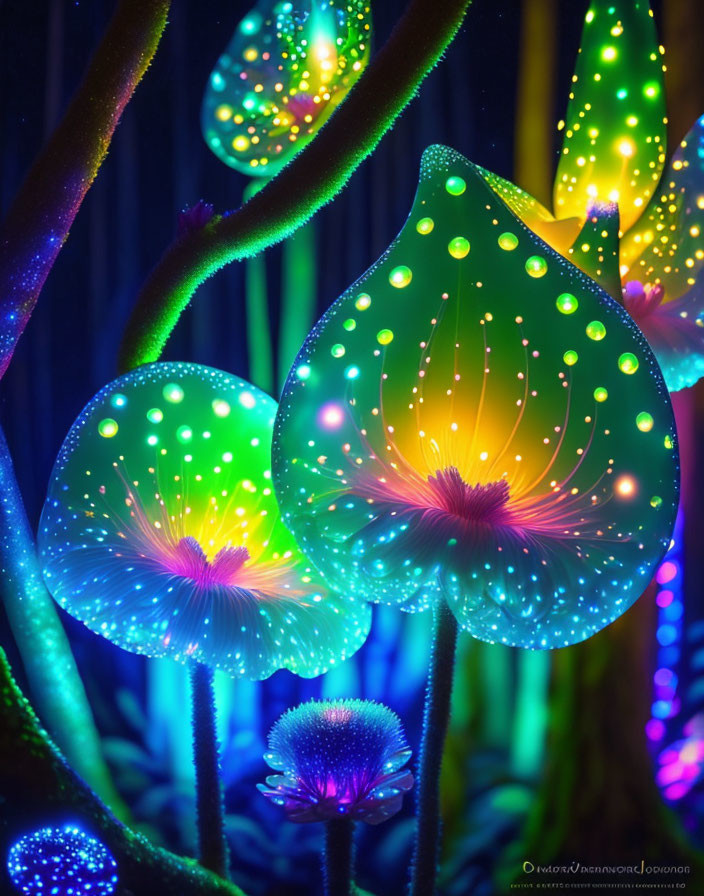 Colorful Glowing Plant-like Structures on Dark Background