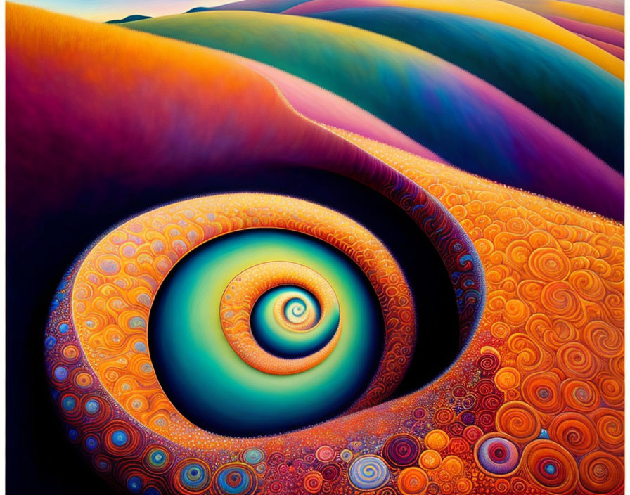 Colorful Abstract Painting with Swirling Spiral Pattern in Purple, Orange, and Blue