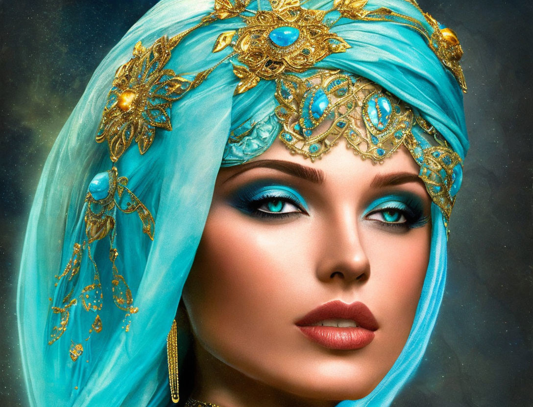 Turquoise and Gold Embellished Headscarf with Intricate Jewelry and Striking Blue Eye Makeup