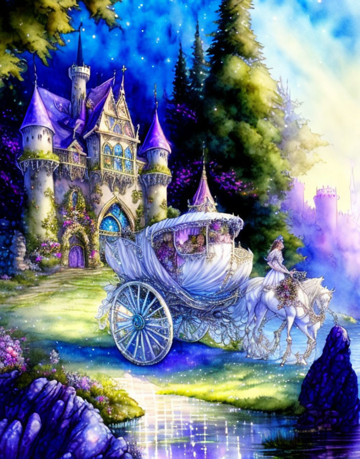 Whimsical watercolor fairy-tale scene with castle, carriage, and magical forest