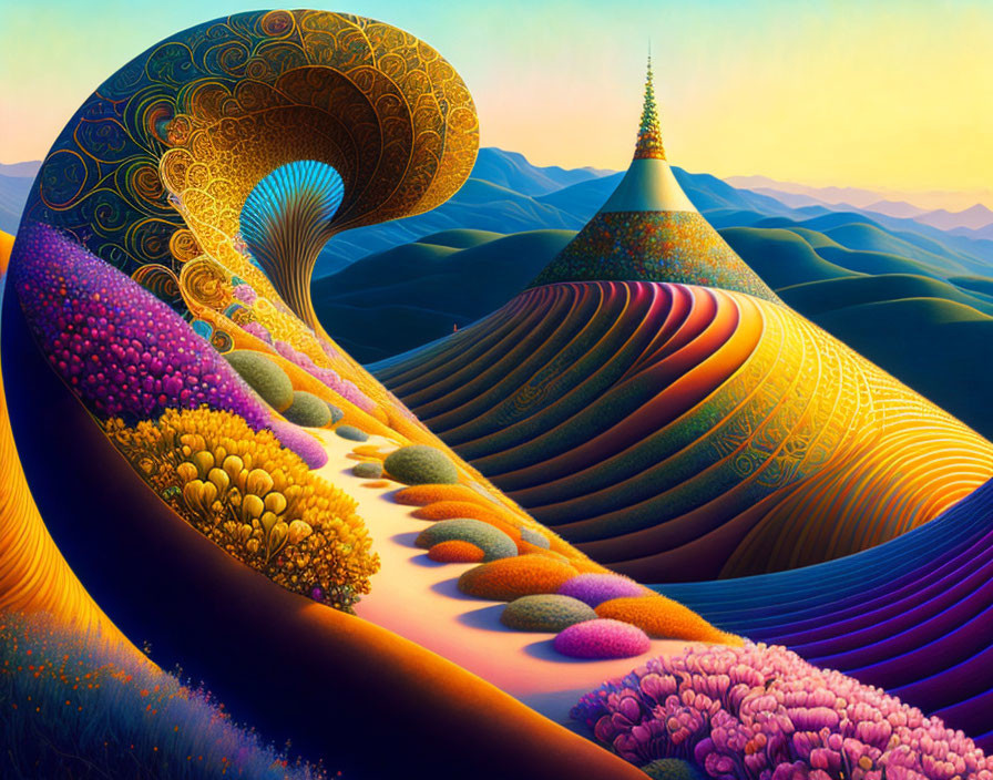 Colorful landscape with rolling hills and intricate patterns in warm and cool tones