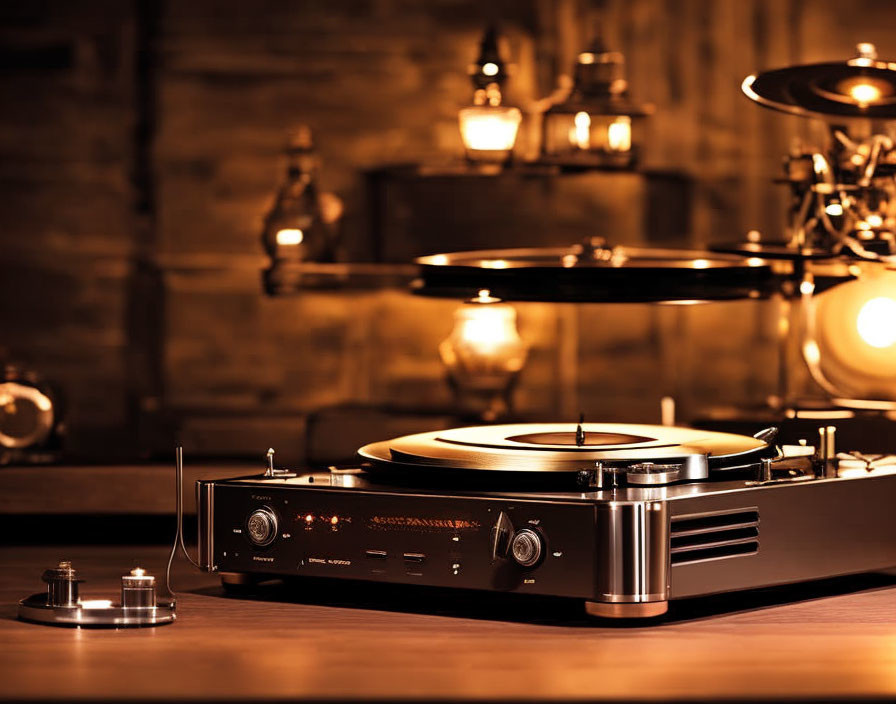 Vintage turntable on wooden surface with spinning record and knobs in soft lighting