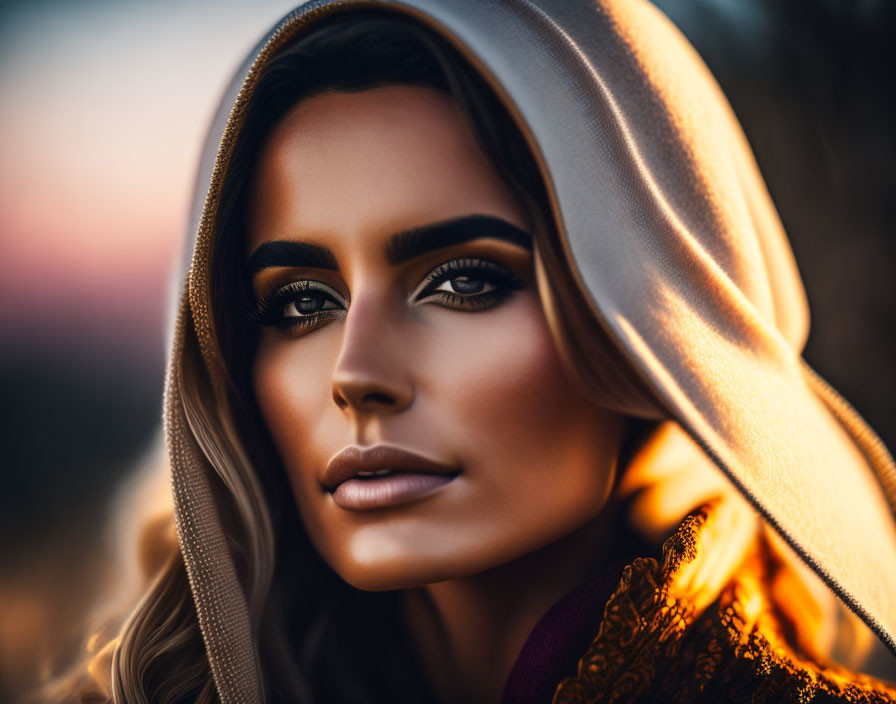 Striking Eye Makeup Woman in Draped Scarf with Warm Light