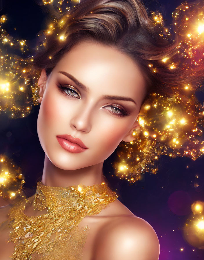 Digital portrait of a woman with glowing skin and golden lights on dark background