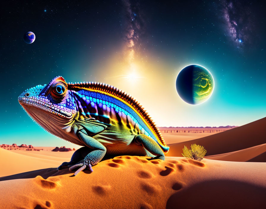 Colorful Chameleon on Desert Dune with Space Background