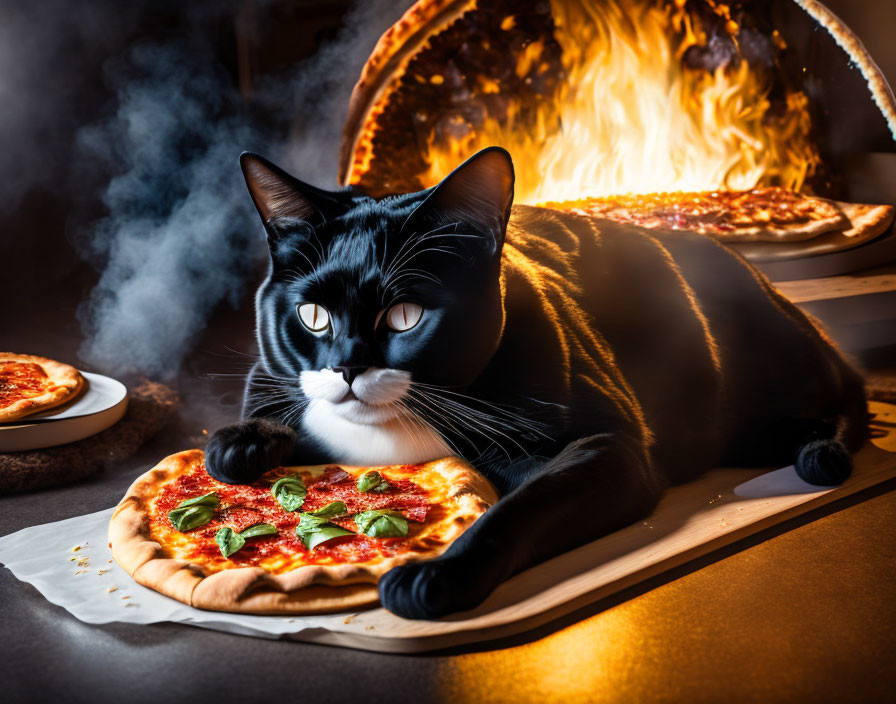 Black Cat with White Markings Resting by Fiery Oven with Fresh Pizzas