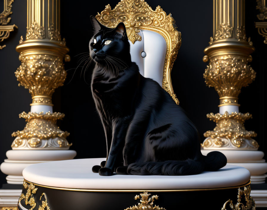 Black Cat with Glossy Fur on Luxurious White Chair with Gold Detailing