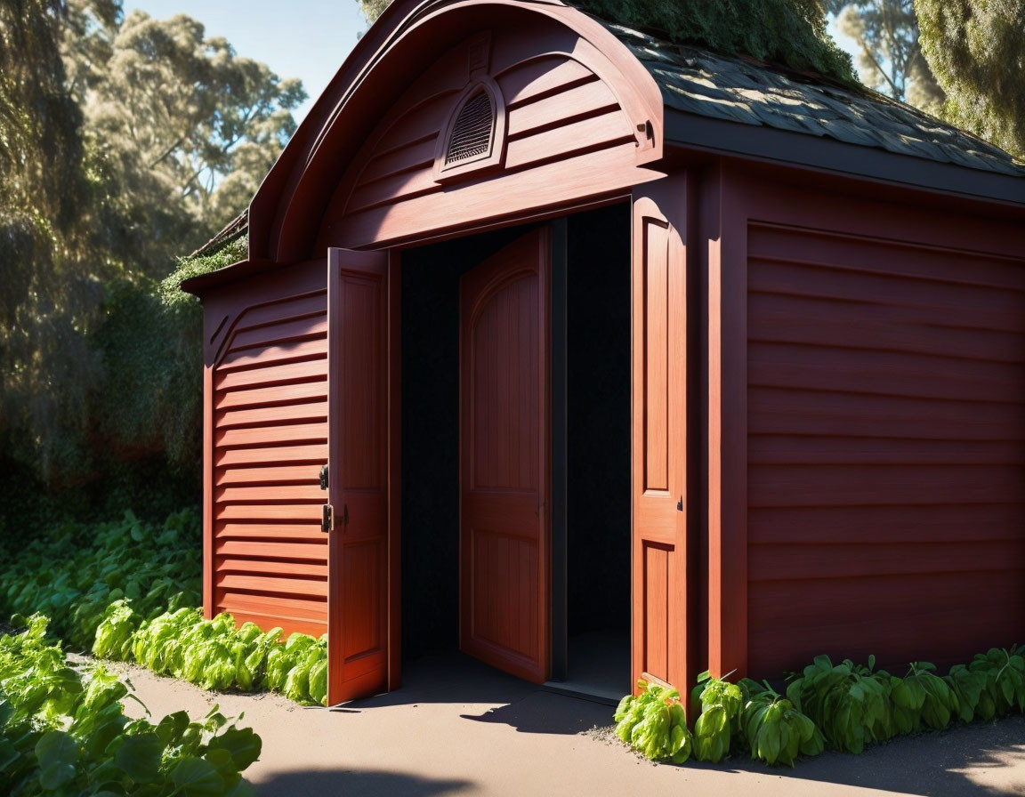 Red Wooden Shed with Arched Window and Open Double Doors in Lush Garden