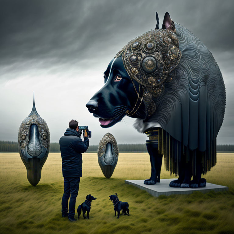 Ornate giant dog sculpture with decorative headgear in field