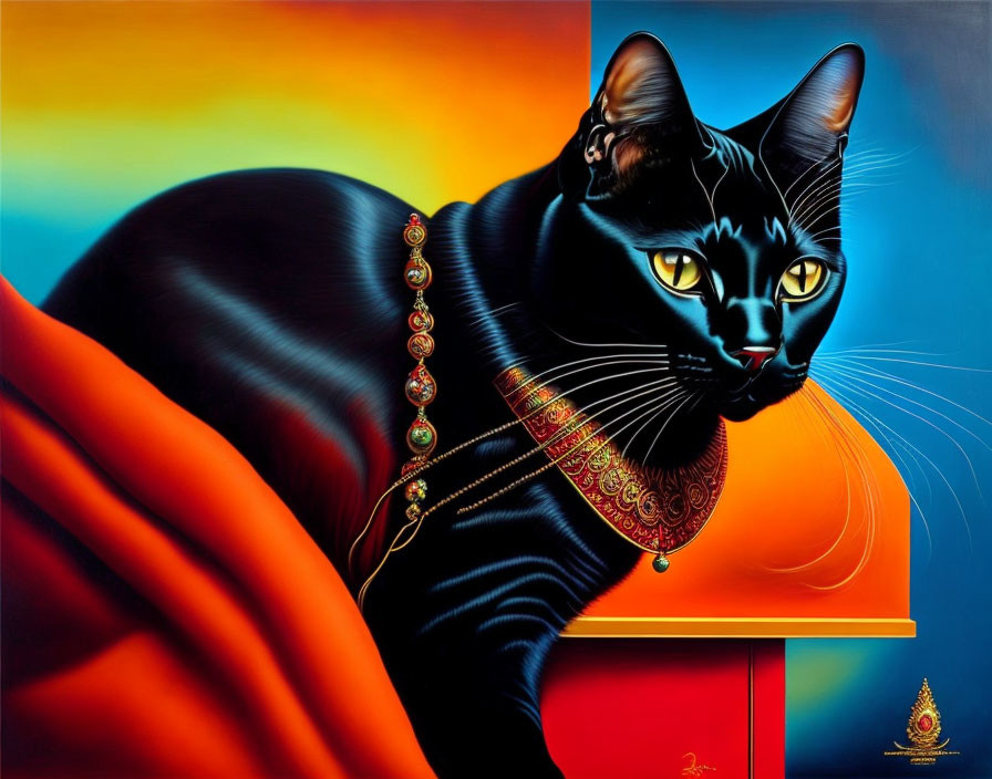 Colorful Artwork: Black Cat with Jewel-Encrusted Accessories