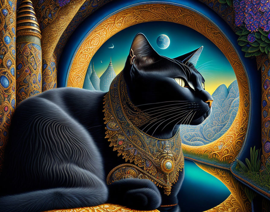 Black cat with intricate fur patterns in fantastical moonlit landscape