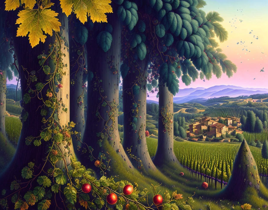 Whimsical landscape with oversized grapevines, village, rolling hills, and flock of birds at