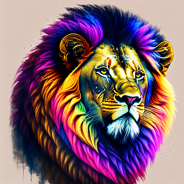 Colorful Lion Head Artwork with Rainbow Palette on Purple Background