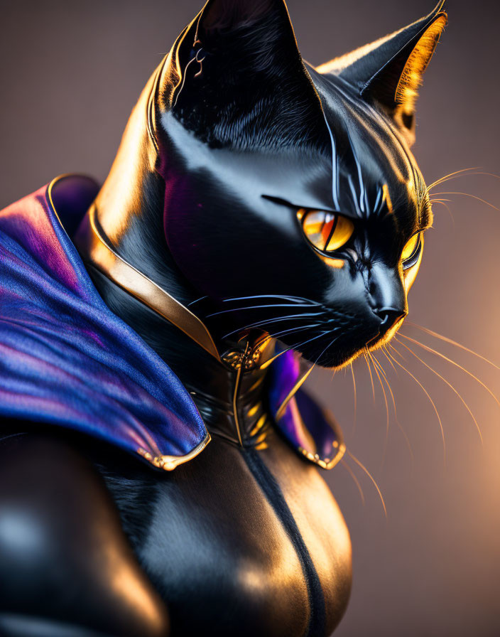 Digital artwork: humanoid cat with black fur, orange eyes, purple cloak, gold collar