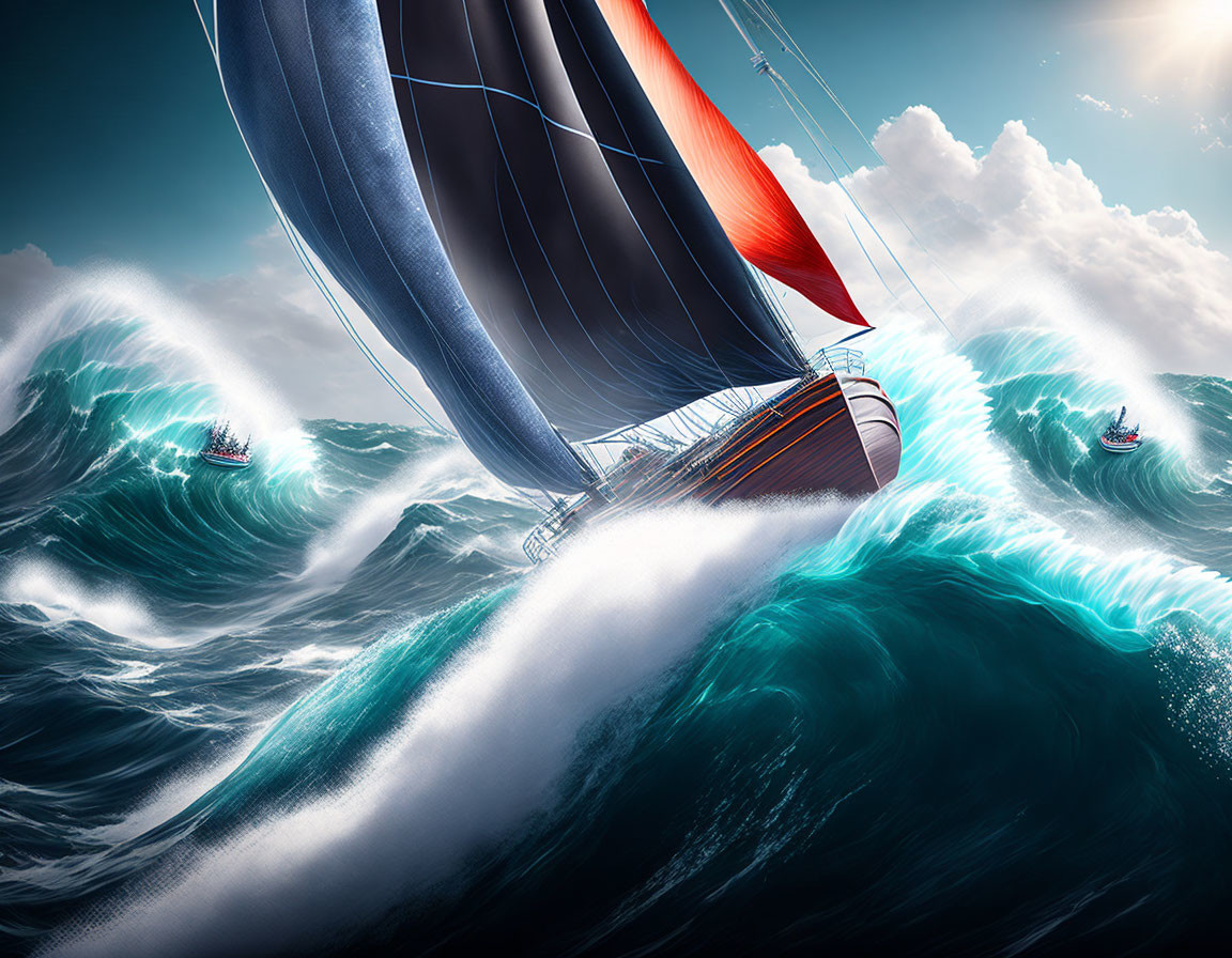 Sailboat navigating stormy seas with billowing sails