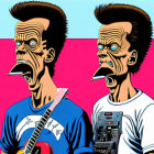 Cartoon characters as rock musicians with exaggerated expressions on split pink and blue background