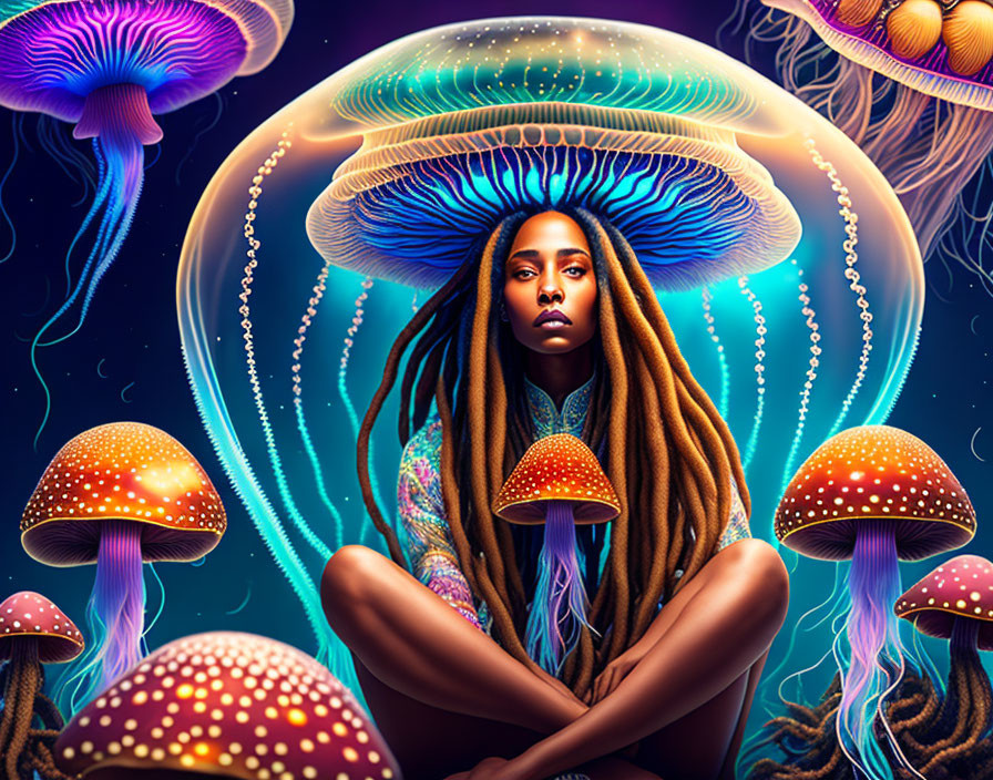 Woman with dreadlocks in vibrant underwater scene with jellyfish and mushrooms