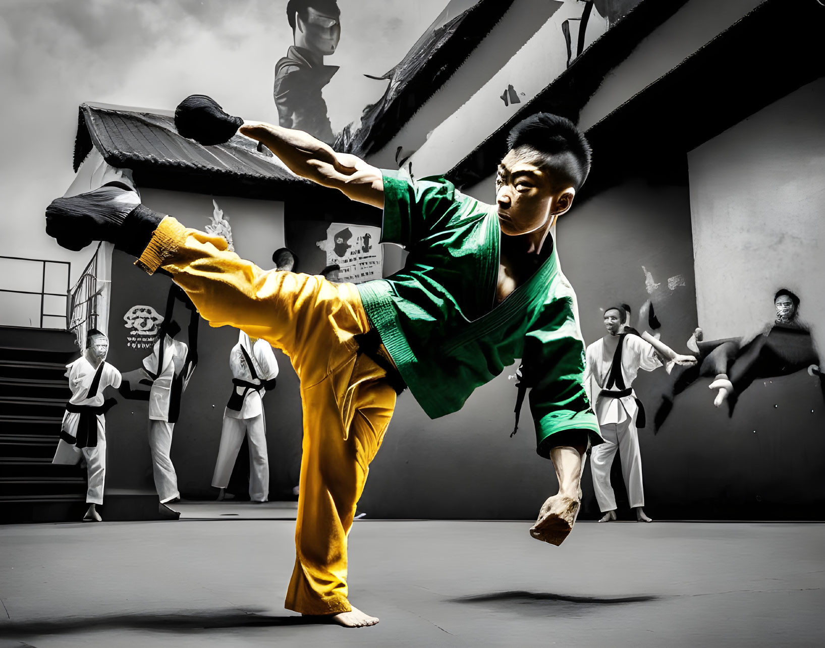 Martial artist in yellow and green uniform executing high kick in training session