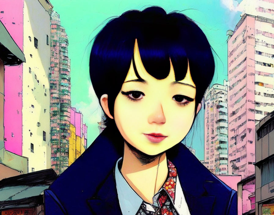 Digital artwork of person with bob-cut hair in jacket and tie amidst colorful cityscape