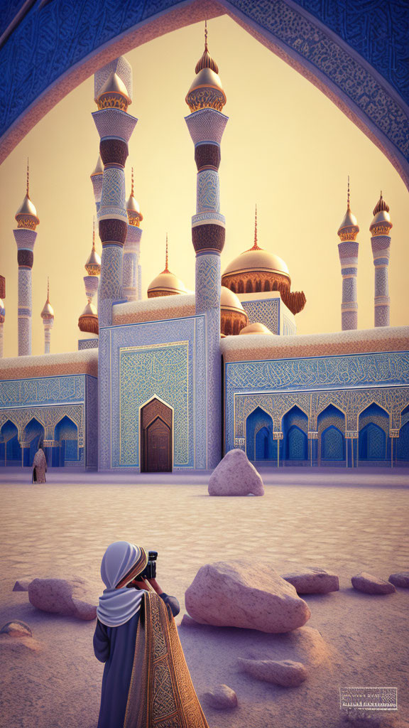 Traditional attire person admiring ornate mosque with minarets and blue tilework at sunrise/sunset