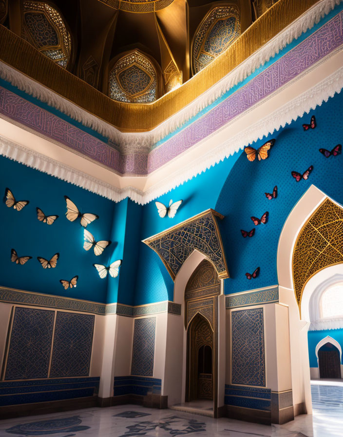 Ornate Room with Blue Walls and Gold Accents Showcasing Islamic Architecture and Butterfly Motif