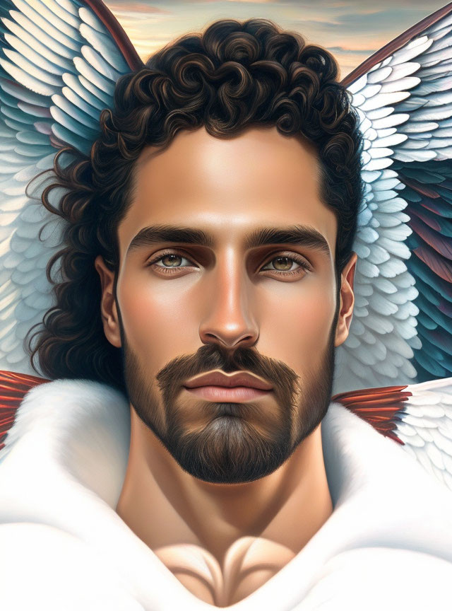 Male Figure with Angel Wings and Intense Eyes on Cloud Background