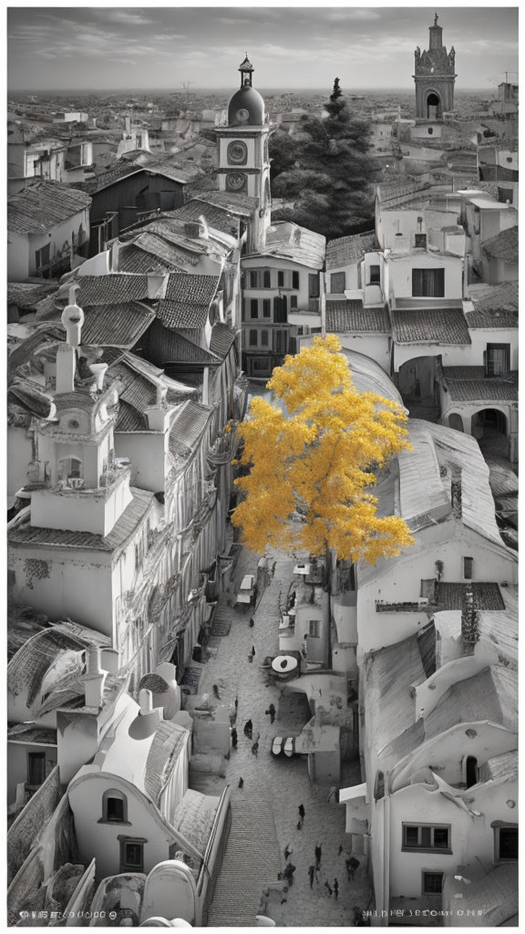 Monochrome cityscape with dense buildings and narrow streets, highlighted by a vibrant yellow tree