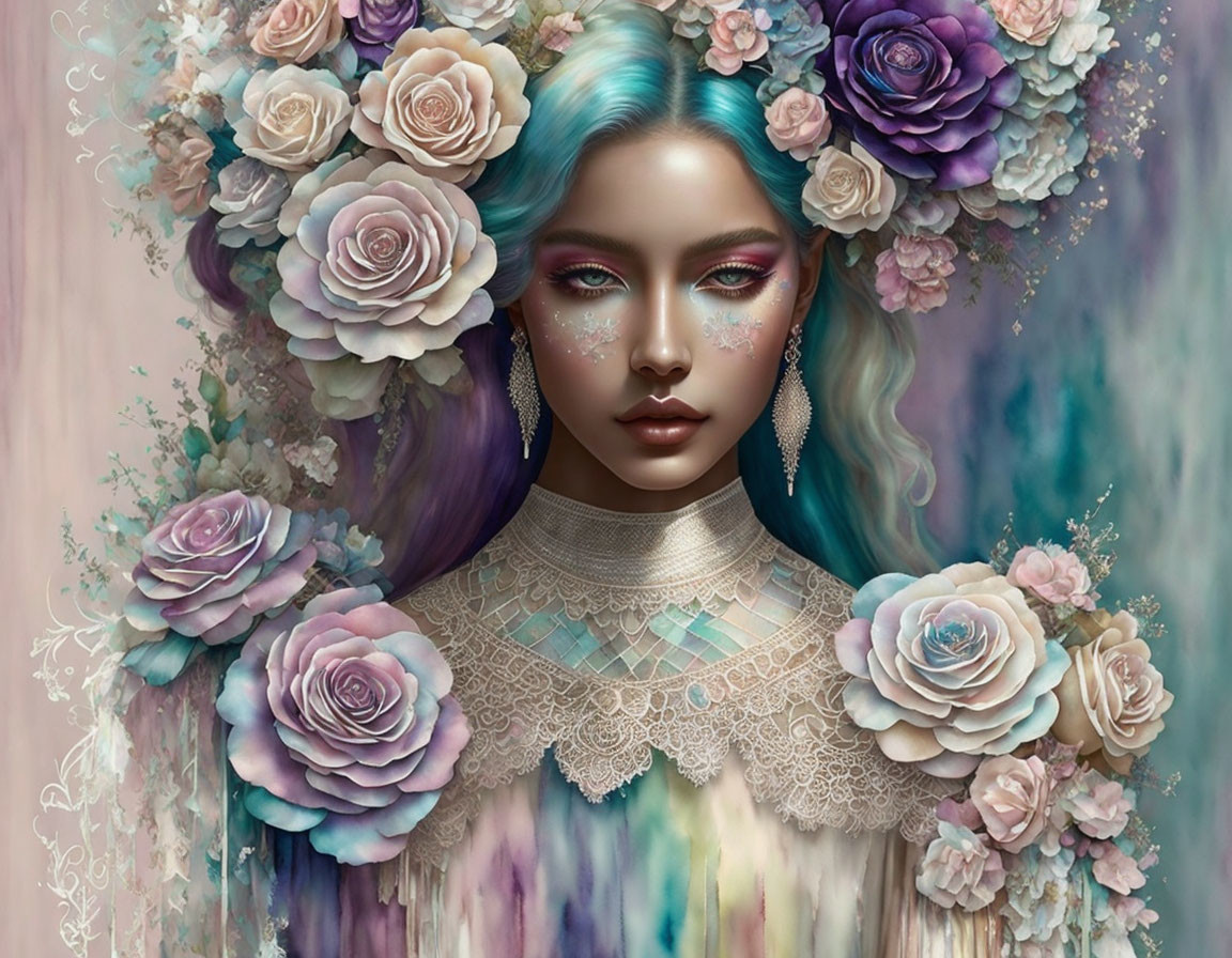 Surreal portrait of woman with blue hair and floral crown