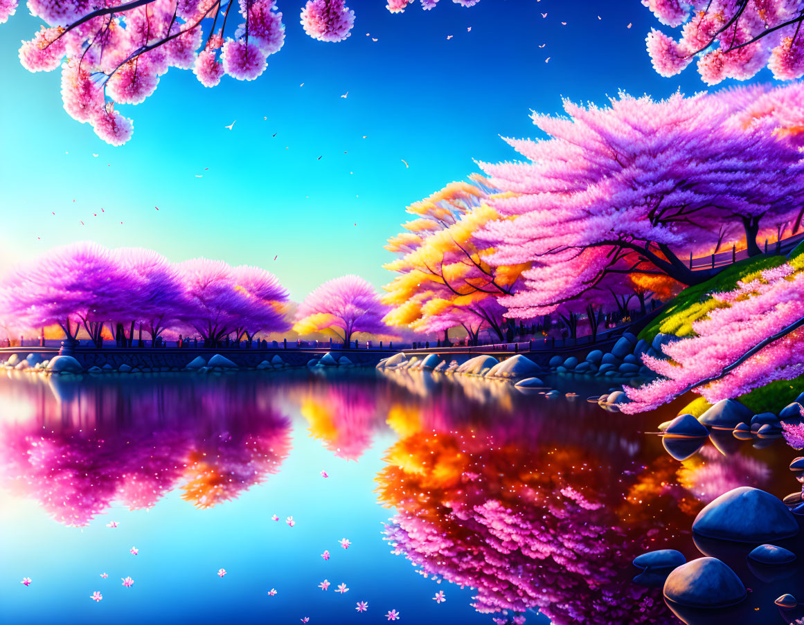 Tranquil cherry blossom scene with sunset sky and reflecting lake