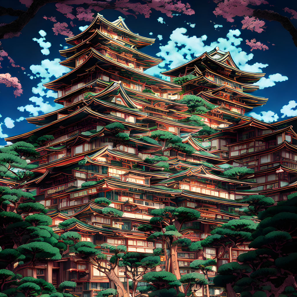 Detailed illustration of towering pagoda in lush landscape