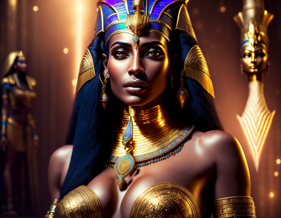 Detailed Digital Illustration of Egyptian Queen with Elaborate Headdress and Jewelry