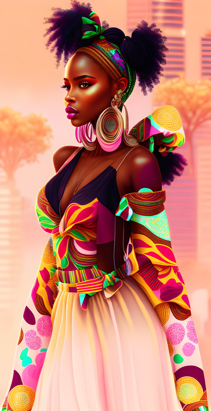 Vibrant digital artwork featuring woman with colorful African-inspired attire