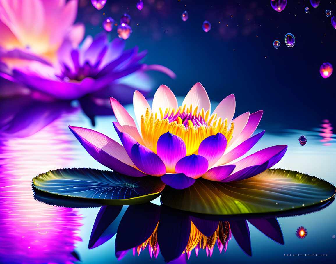 Colorful Lotus Flower Digital Art on Water with Pink and Purple Petals