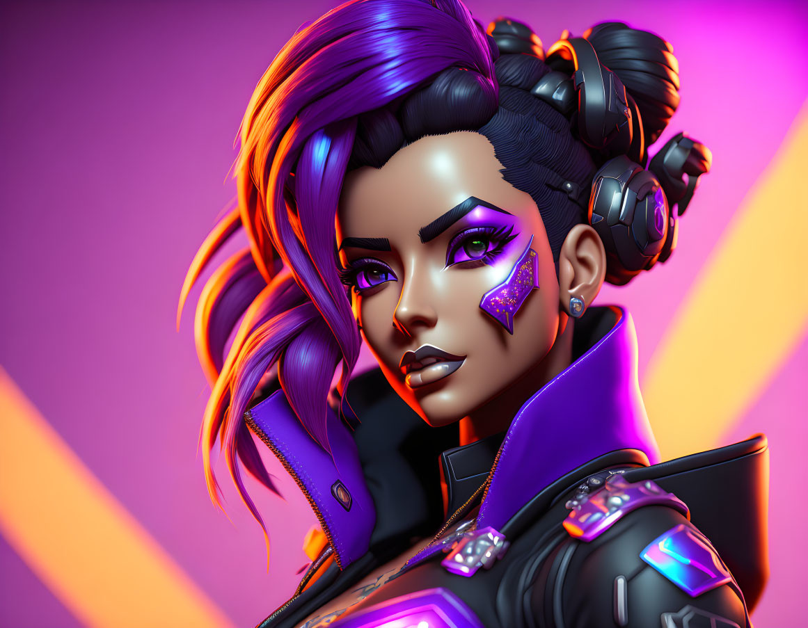 Vibrant cyberpunk artwork: Woman with purple hair, futuristic makeup, headphones, neon-lit