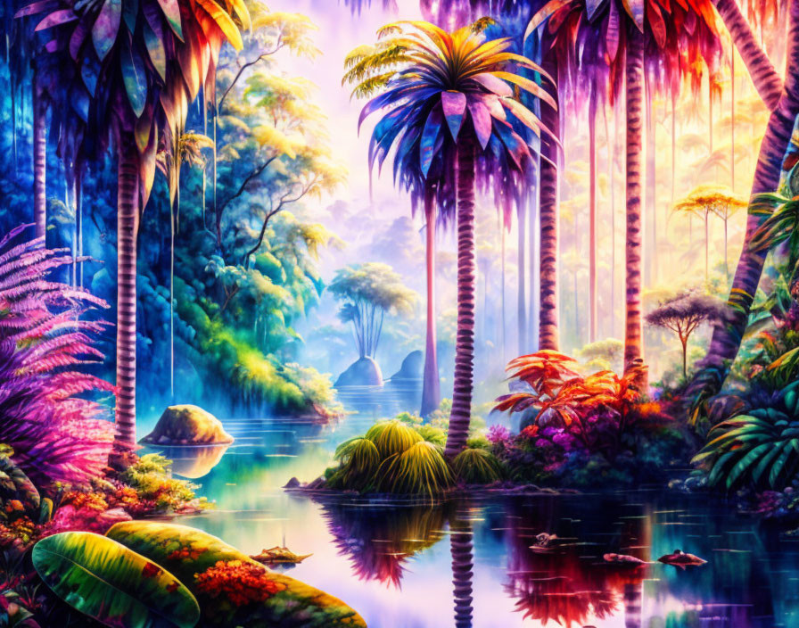 Colorful Fantasy Landscape with Luminescent Trees, Ferns, and Calm River