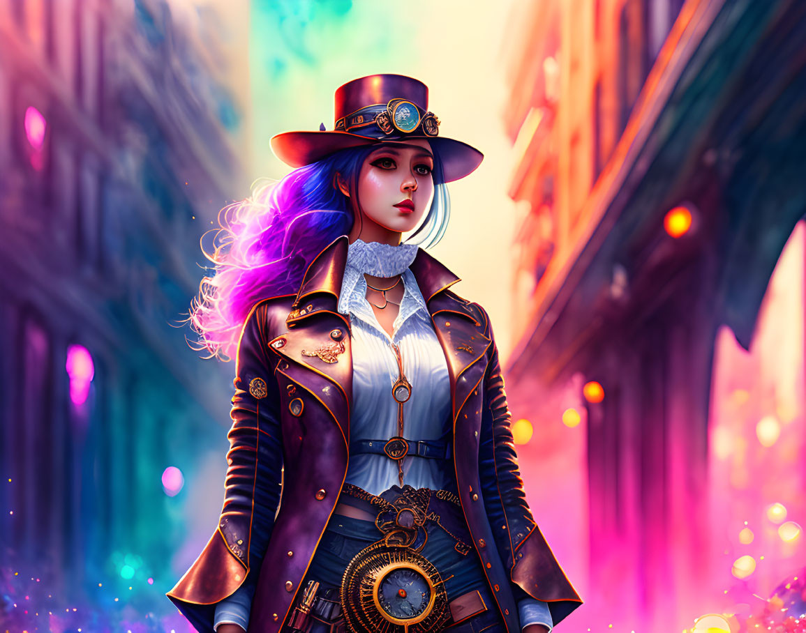 Steampunk-inspired female character with purple hair in top hat and leather coat