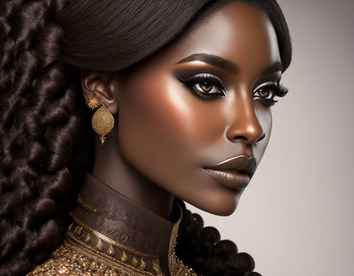 Elegant woman with striking makeup and golden jewelry poses gracefully